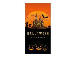 Banner Halloween trick or treat met pompoenen en haunted house 90 x 180 cm